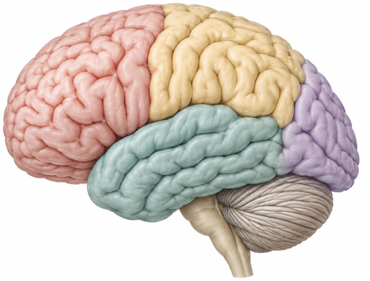 Illustrative left lateral view of the brain: frontal lobe at the front, parietal lobe above, temporal lobe below, occipital lobe at the back, and cerebellum beneath.